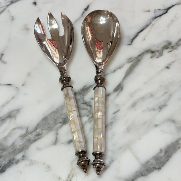 TOWLE Silversmiths Two-Piece Salad Serving Set Mother of Pearl Handles - Picture 15 of 17